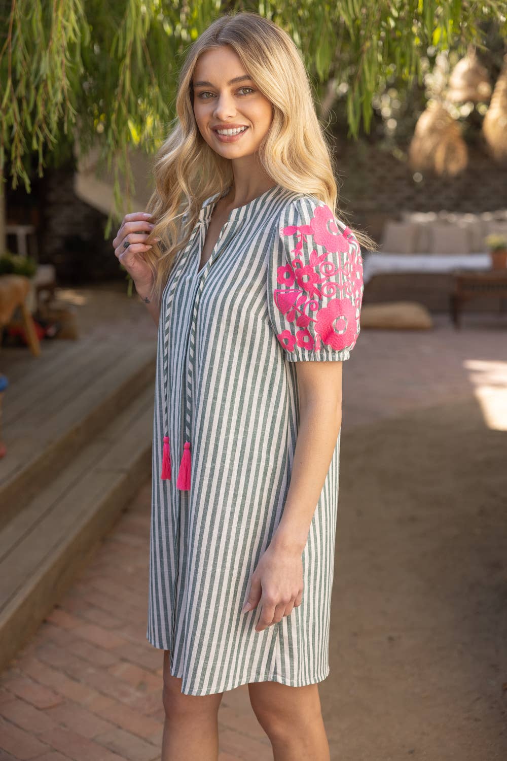 Striped Short Sleeve with Floral Embroidery Dress