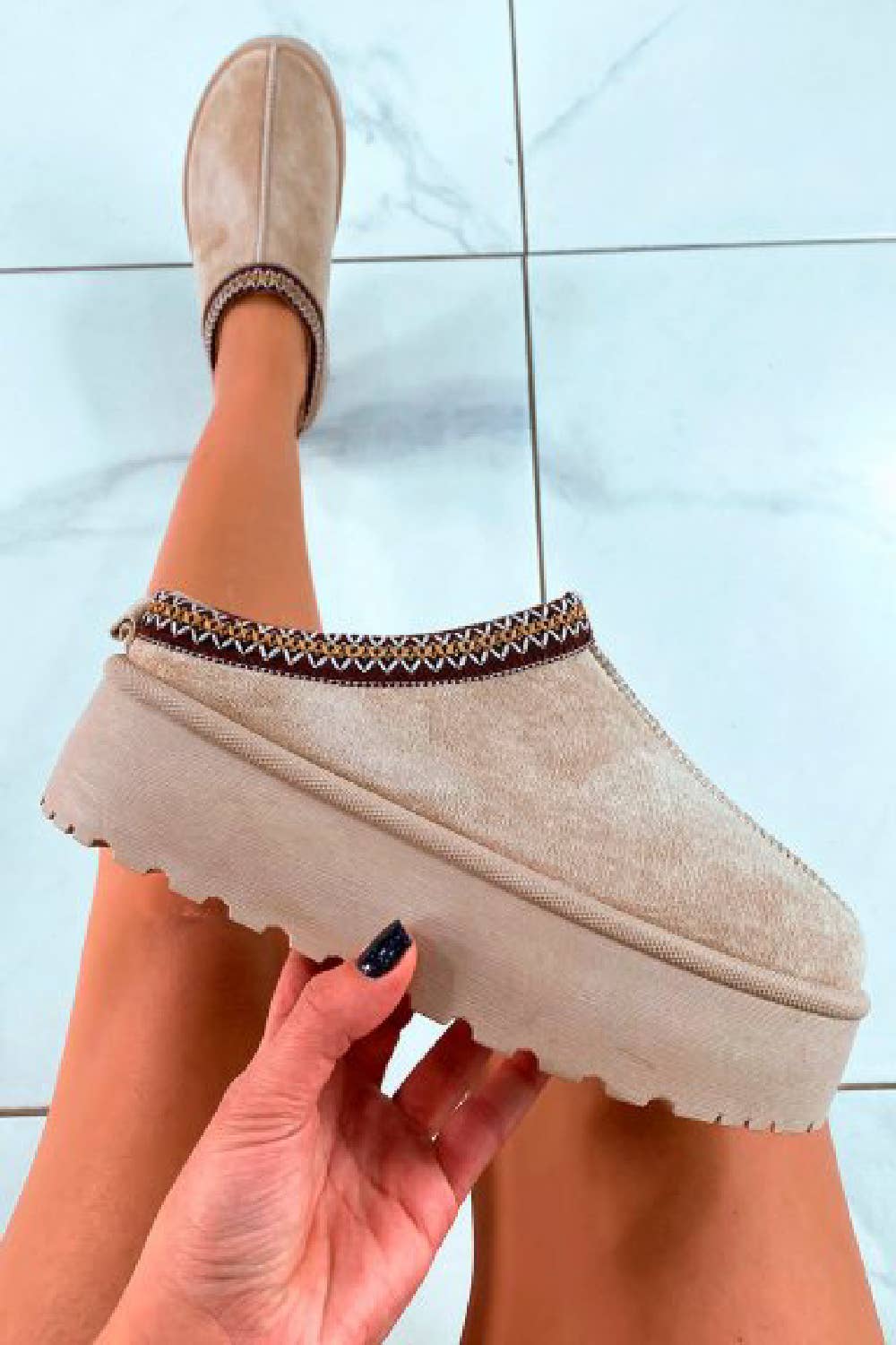Women's Faux Fur Lined Slipper Platform Sliders Aztec Mules