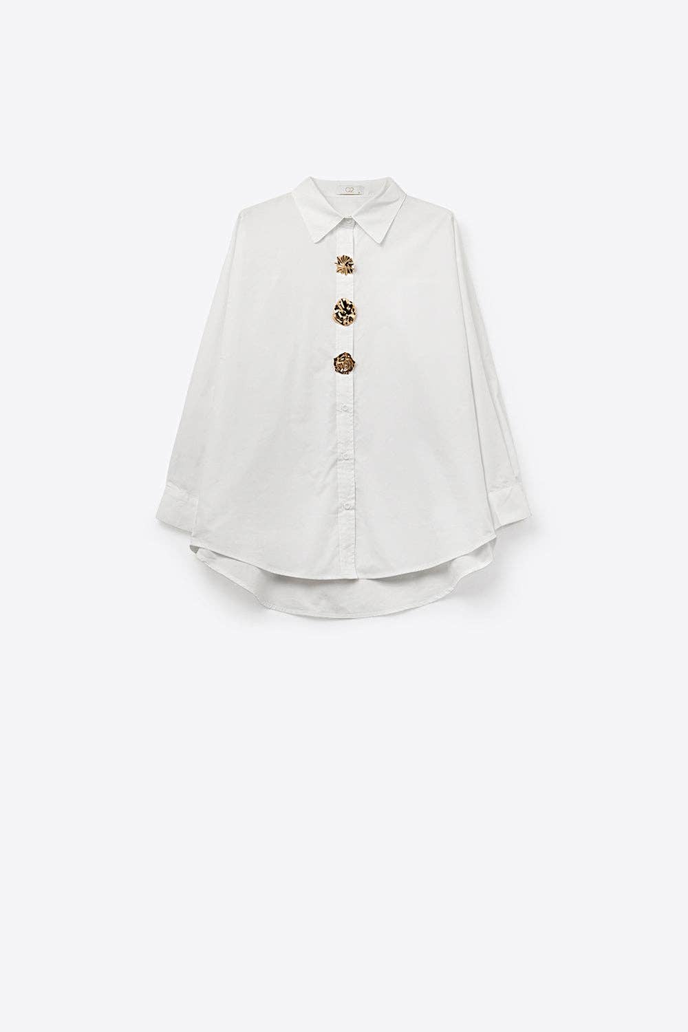 White relaxed poplin Cotton Shirt with Decorative Gold Buttons