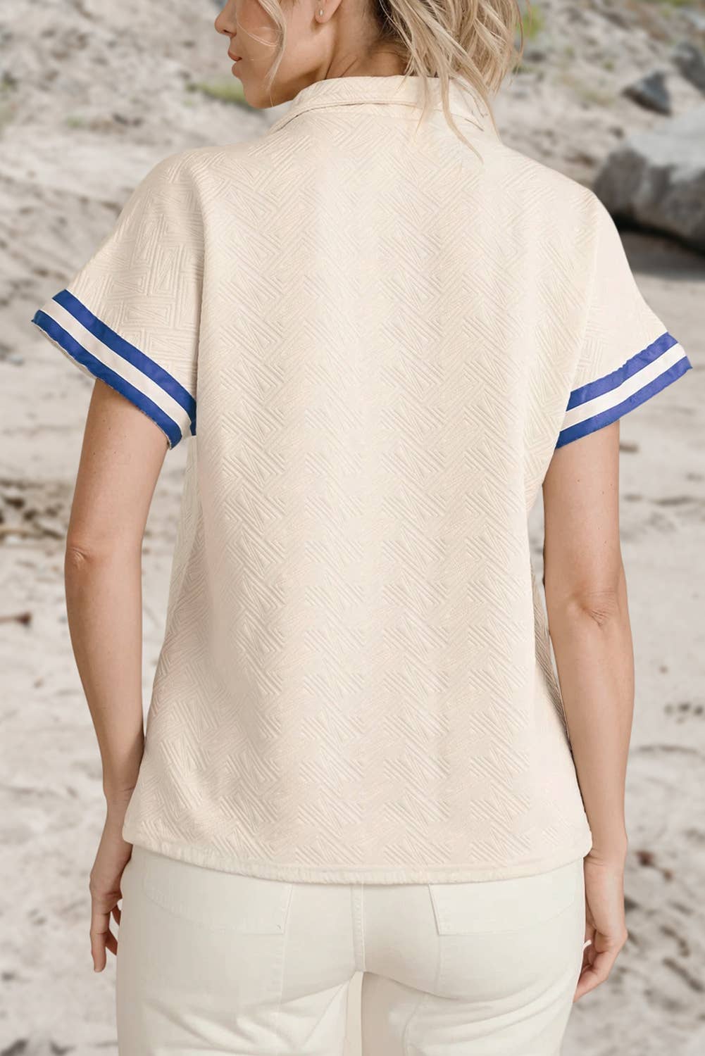 Beige Preppy Striped Trim Textured Colorblock Top | S-XL