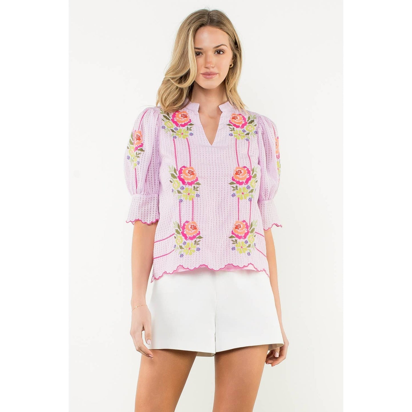 Embroidered Puff Sleeve V-Neck Top