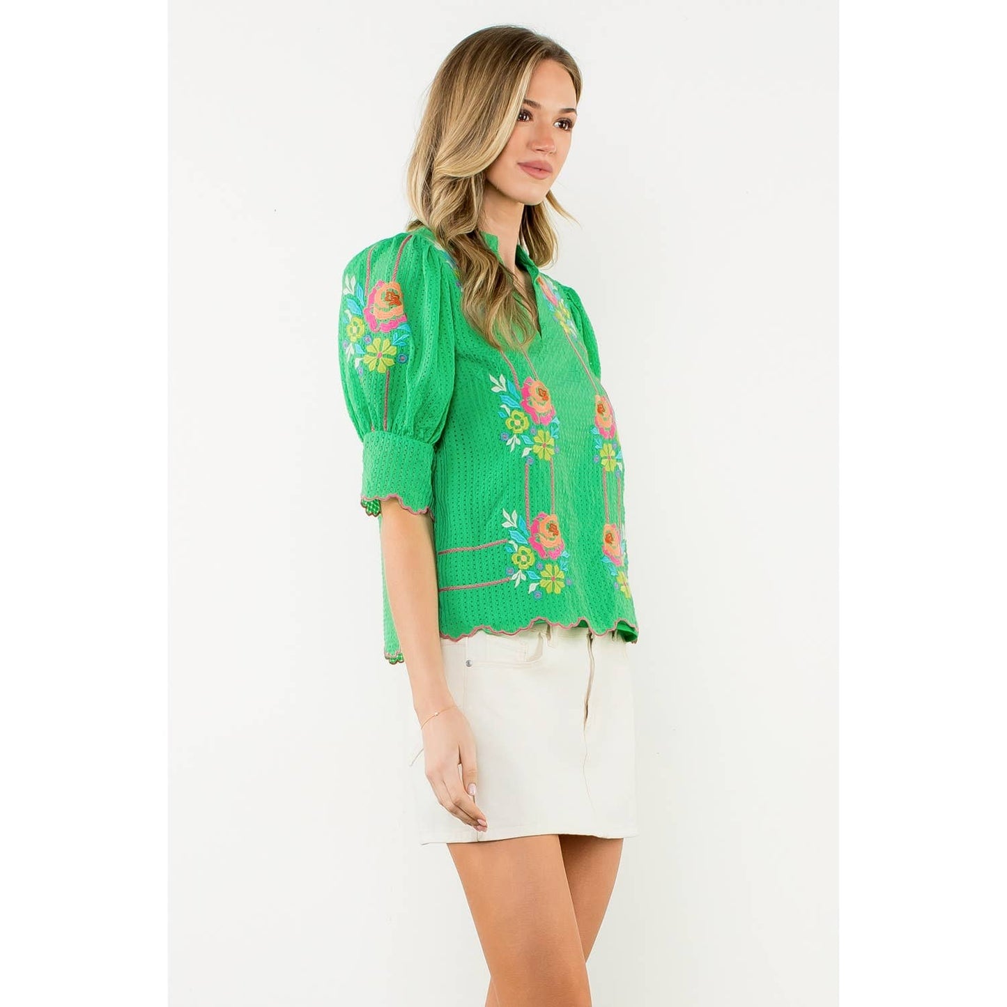 Embroidered Puff Sleeve V-Neck Top