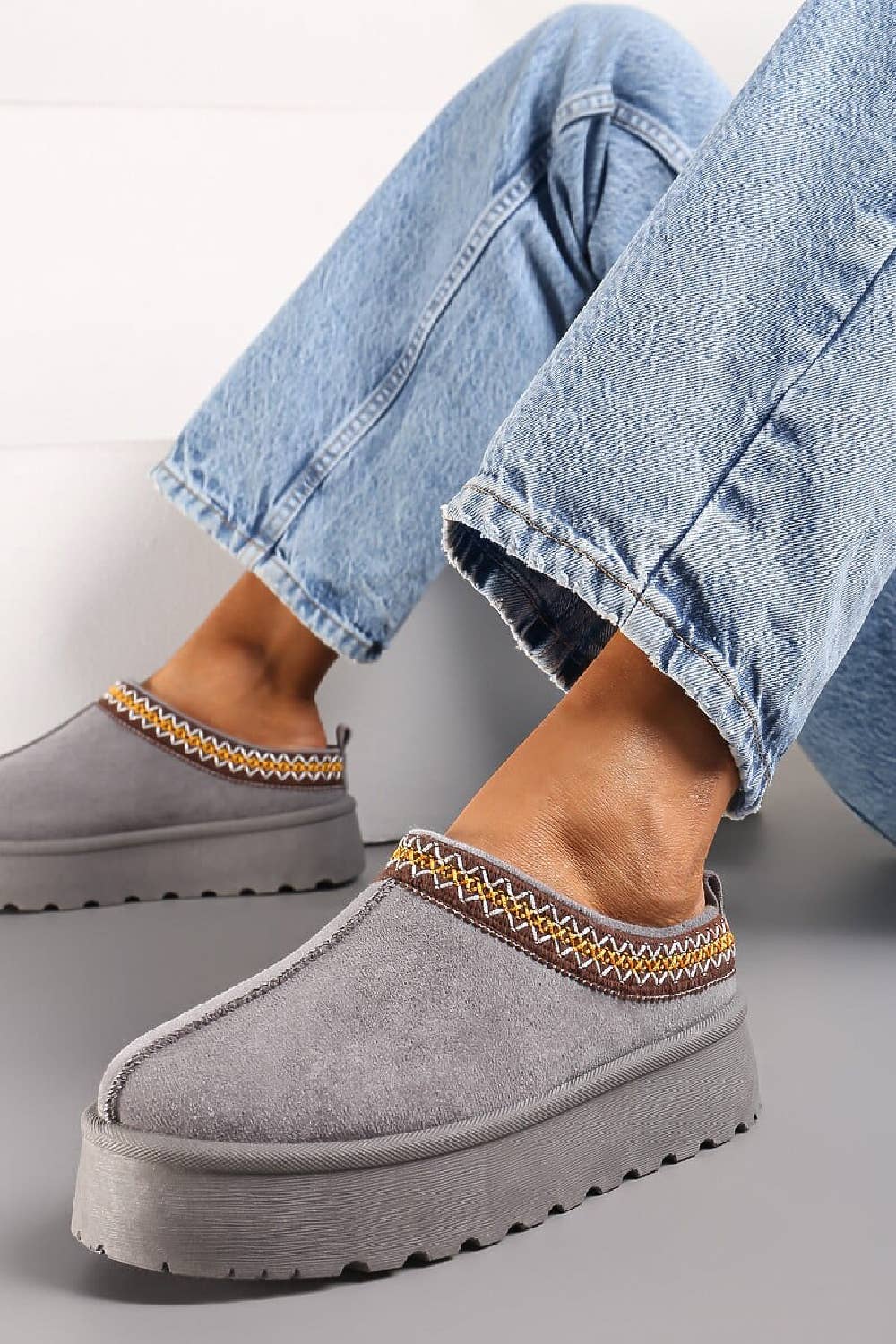 Women's Faux Fur Lined Slipper Platform Sliders Aztec Mules