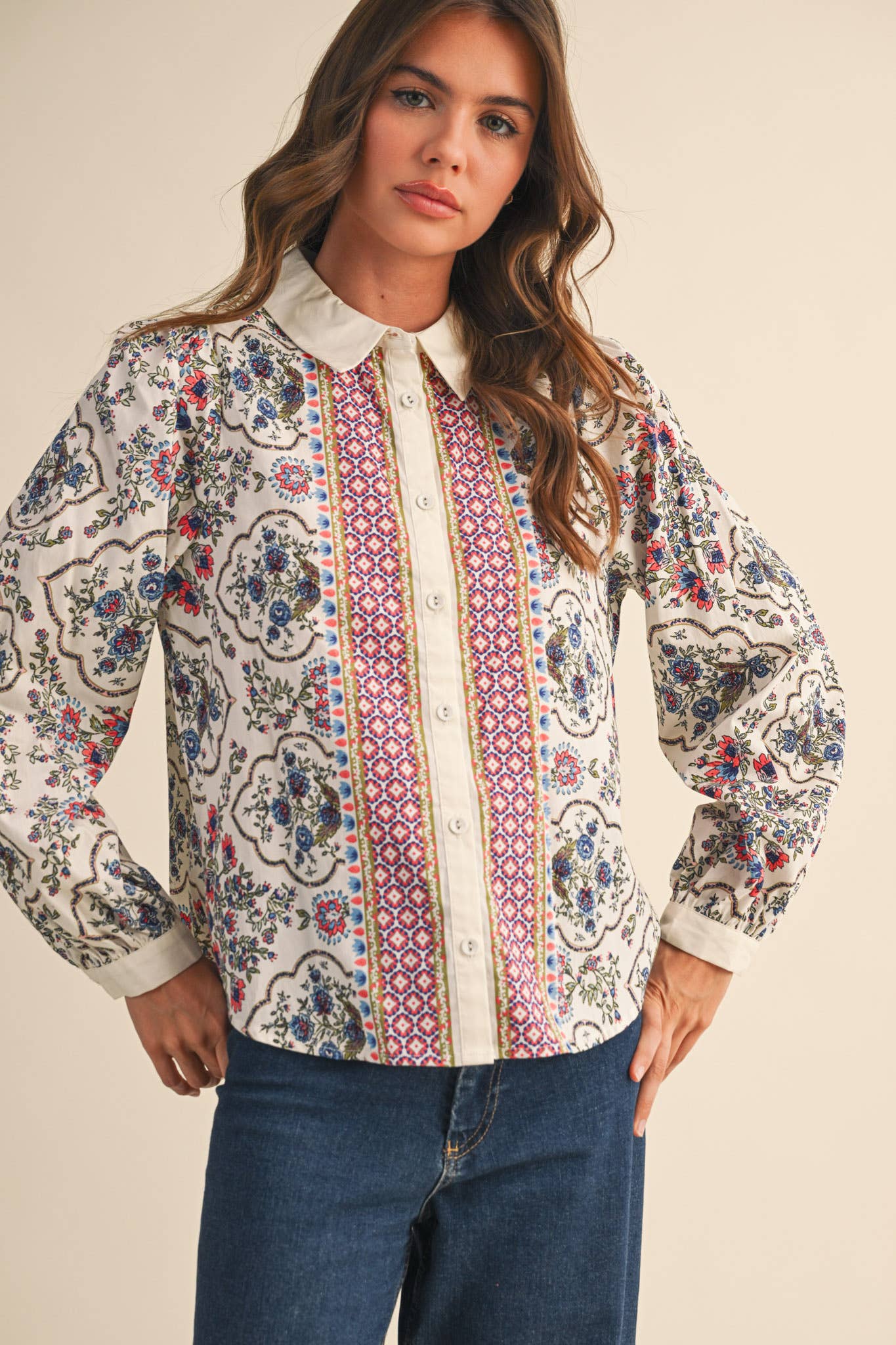 EXCLUSIVE FLORAL BORDER PRINT BUTTON UP TOP MTP4126