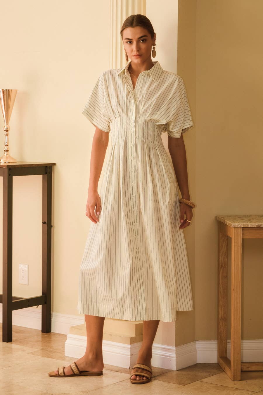 Pin Striped Cotton Poplin Midi Shirt Dress
