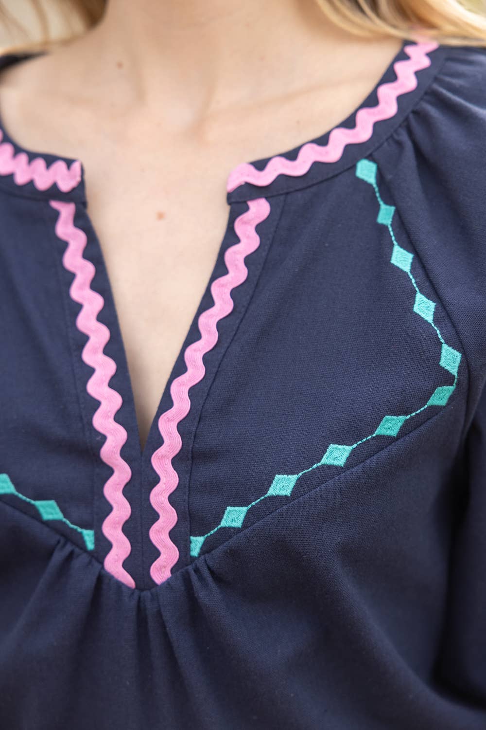 Geometric Embroidered Puff Sleeve with Zig Zag Trim To
