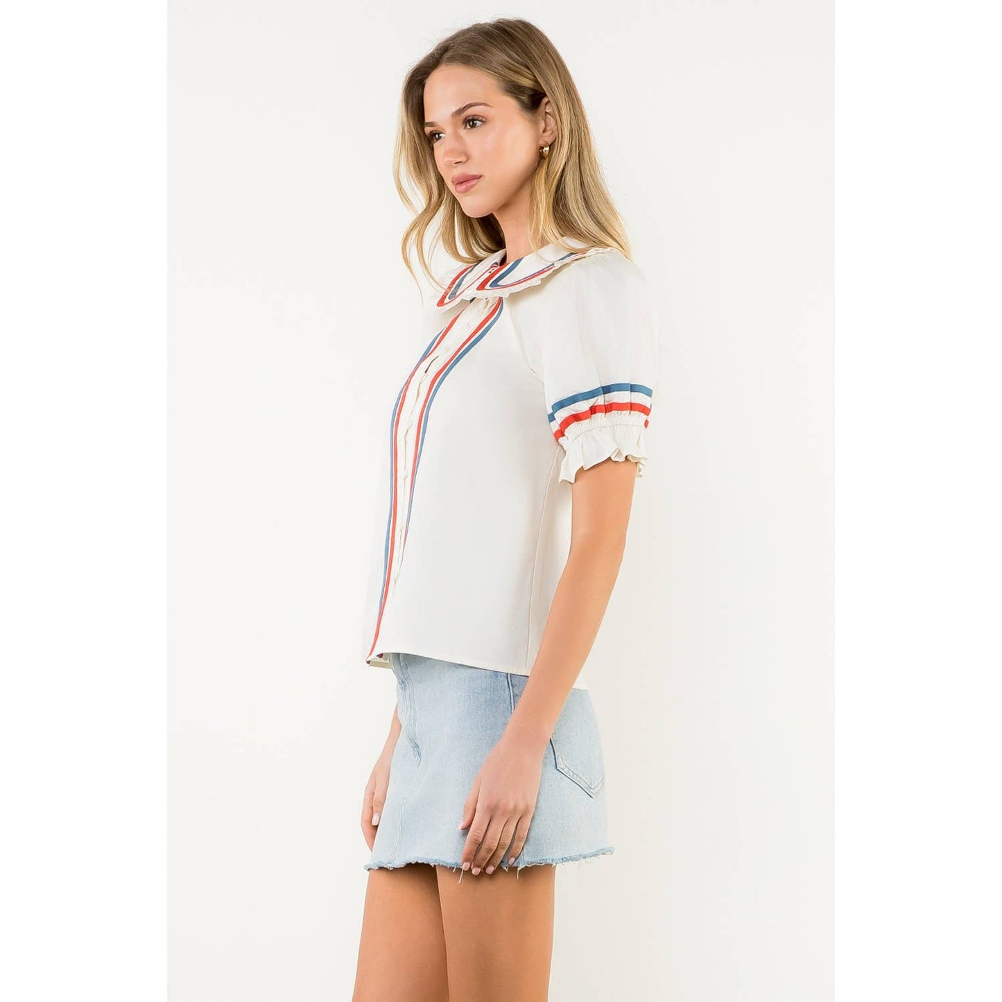 Striped Trim Puff Sleeve Button Top