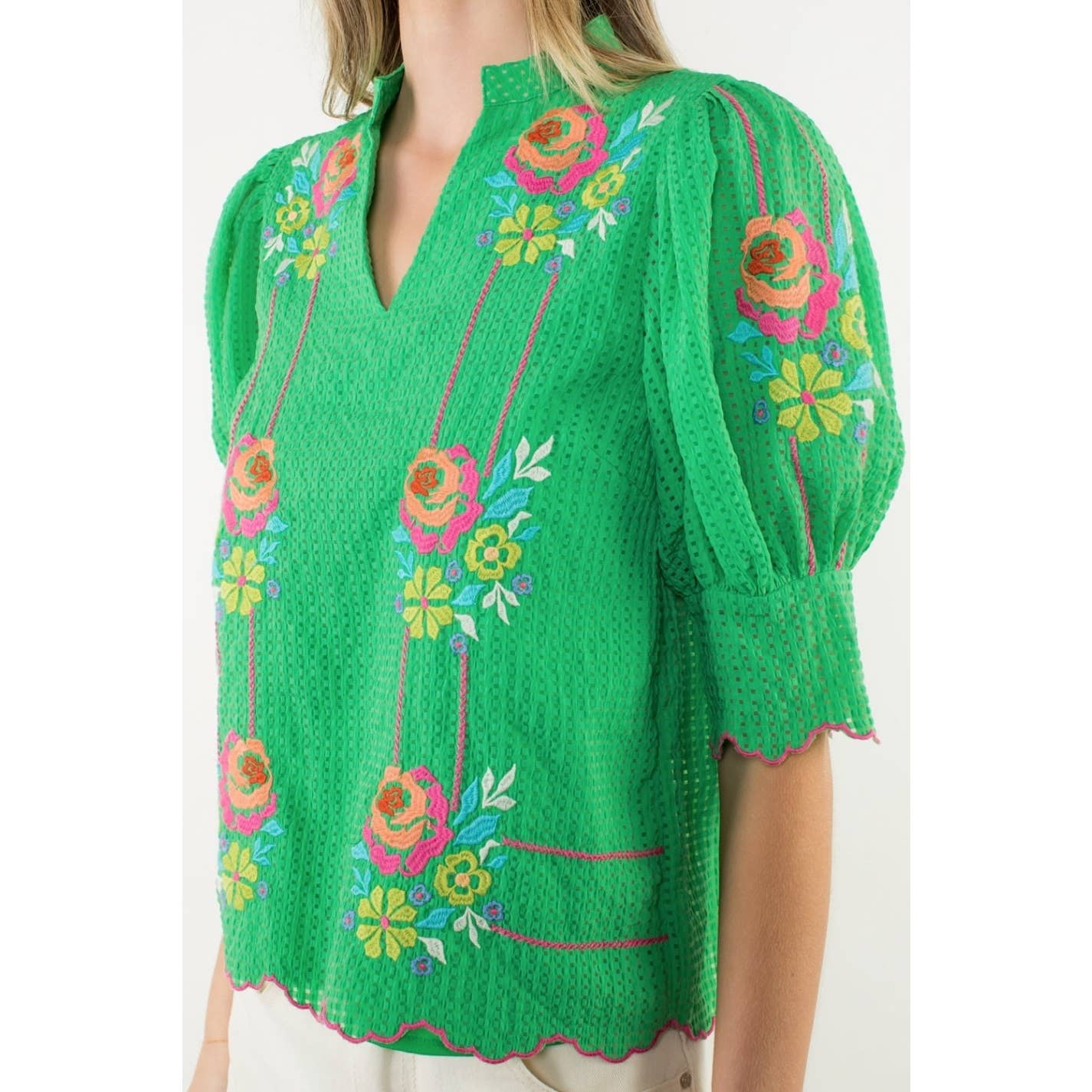 Embroidered Puff Sleeve V-Neck Top