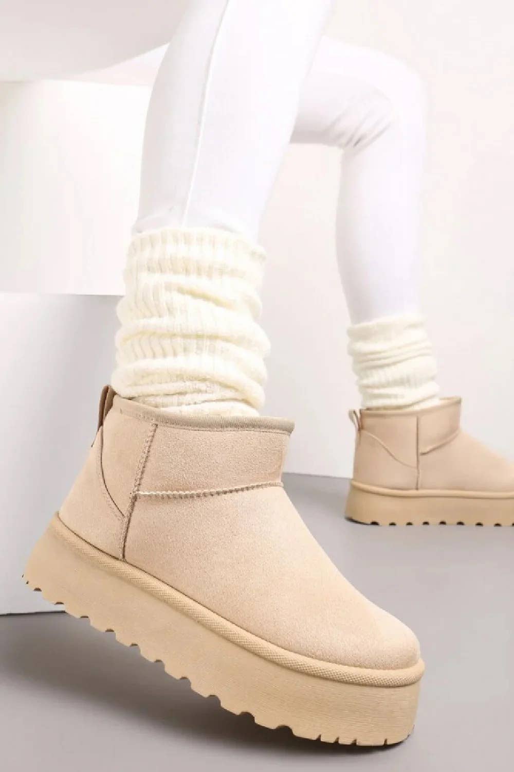 Cream Ultra Mini Platform Women Faux Fur Slip-On Ankle Boots