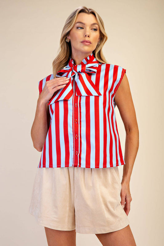 Bow Neck Sleeveless Stripe Shirt