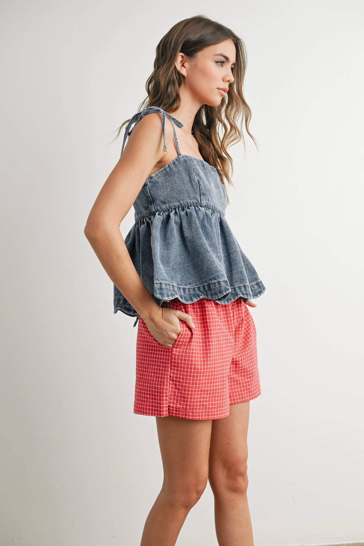 Denim Tie-Strap Peplum Top - BMT7722
