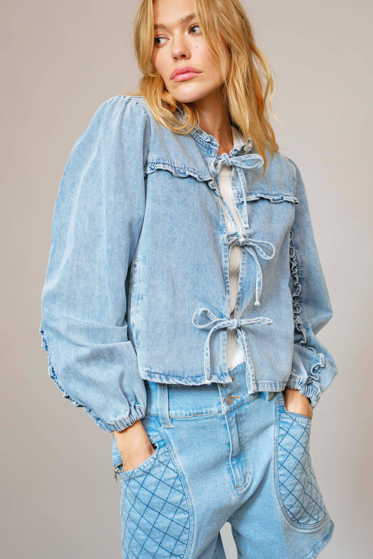 Ruffle Yoke Sleeve Tie Front Denim Jacket