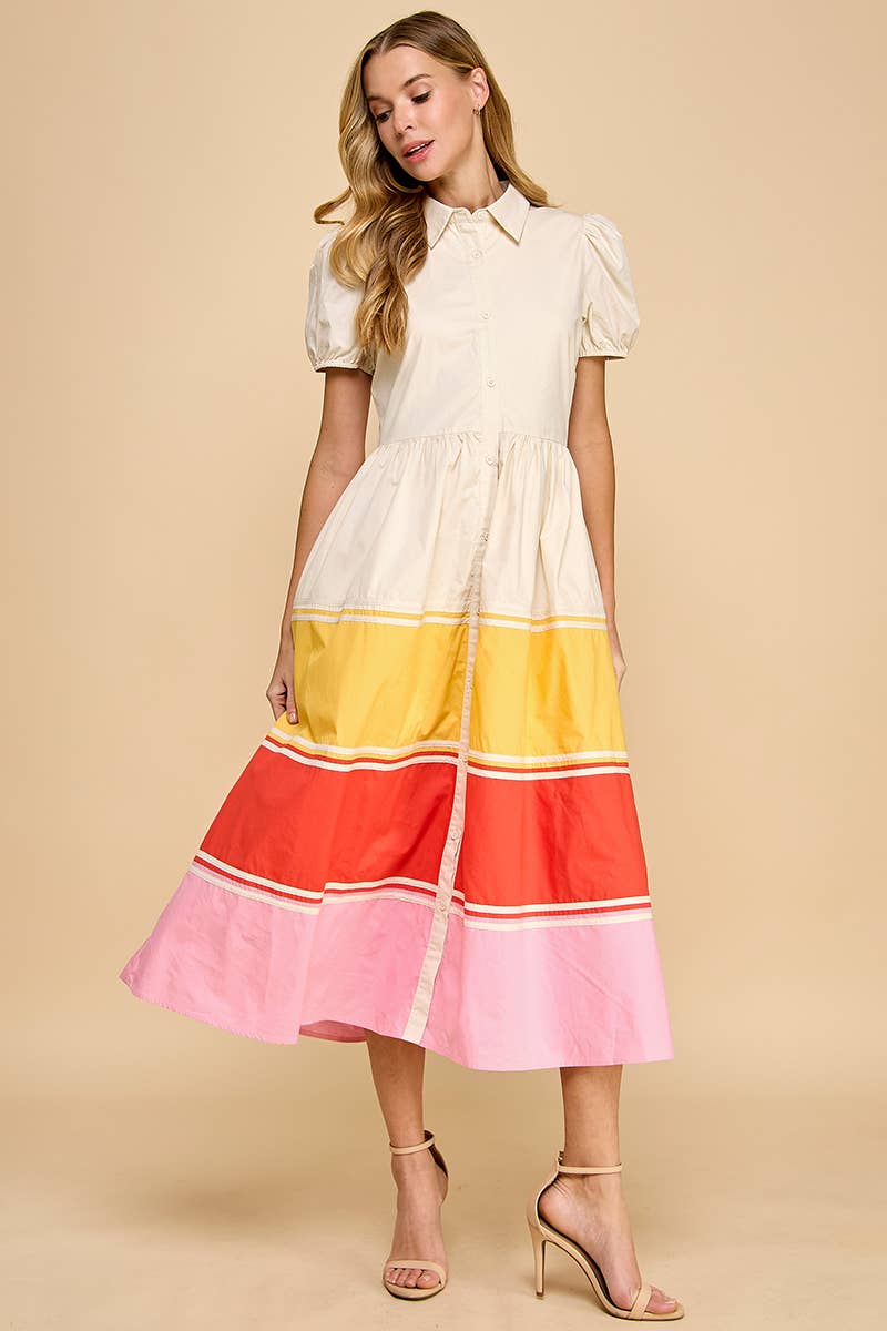 CD05299-Short Puff Sleeves Color Block Hem Button Up Dress