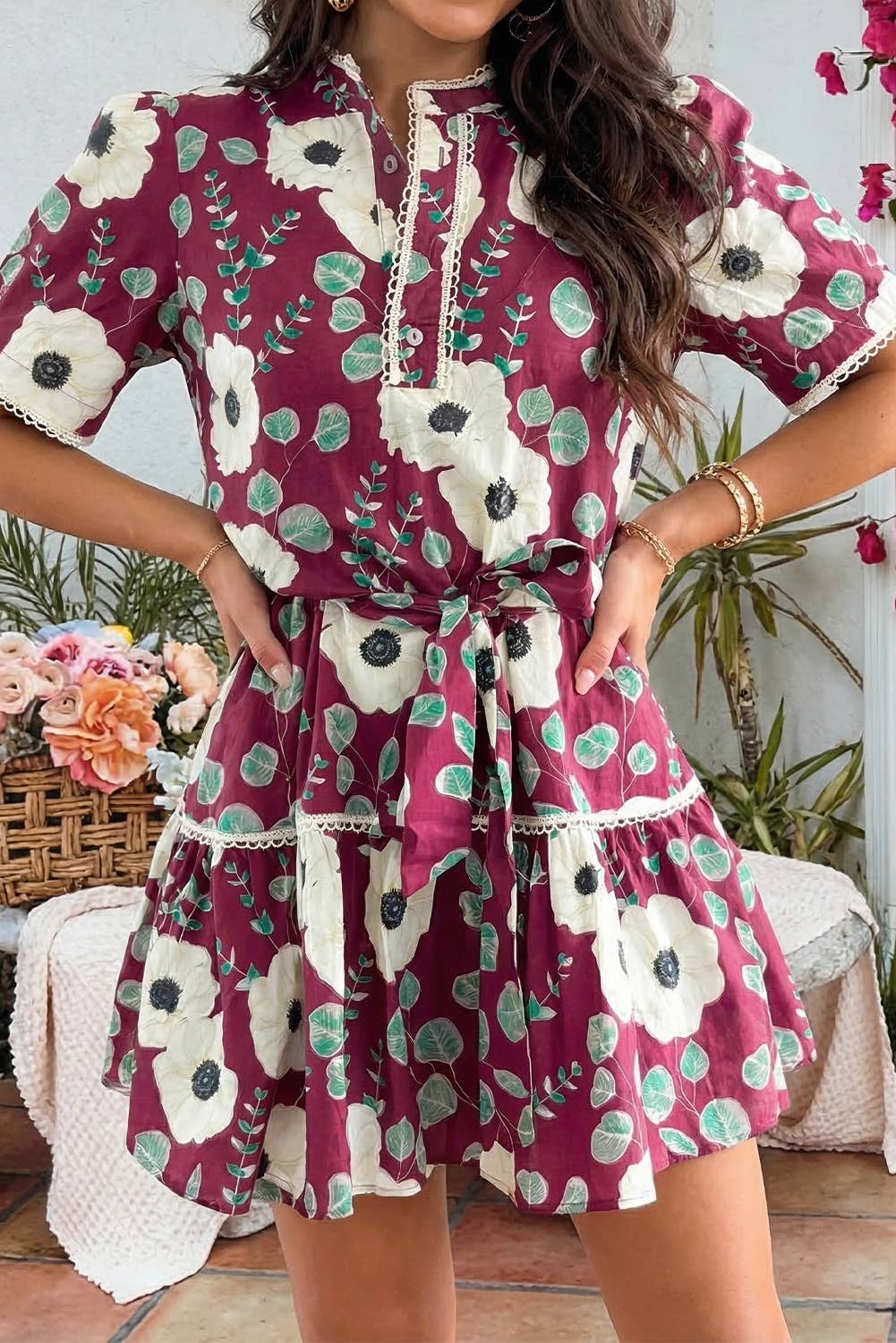 Floral Print Trimmed Short Puff Sleeve Mini Dress with Belt