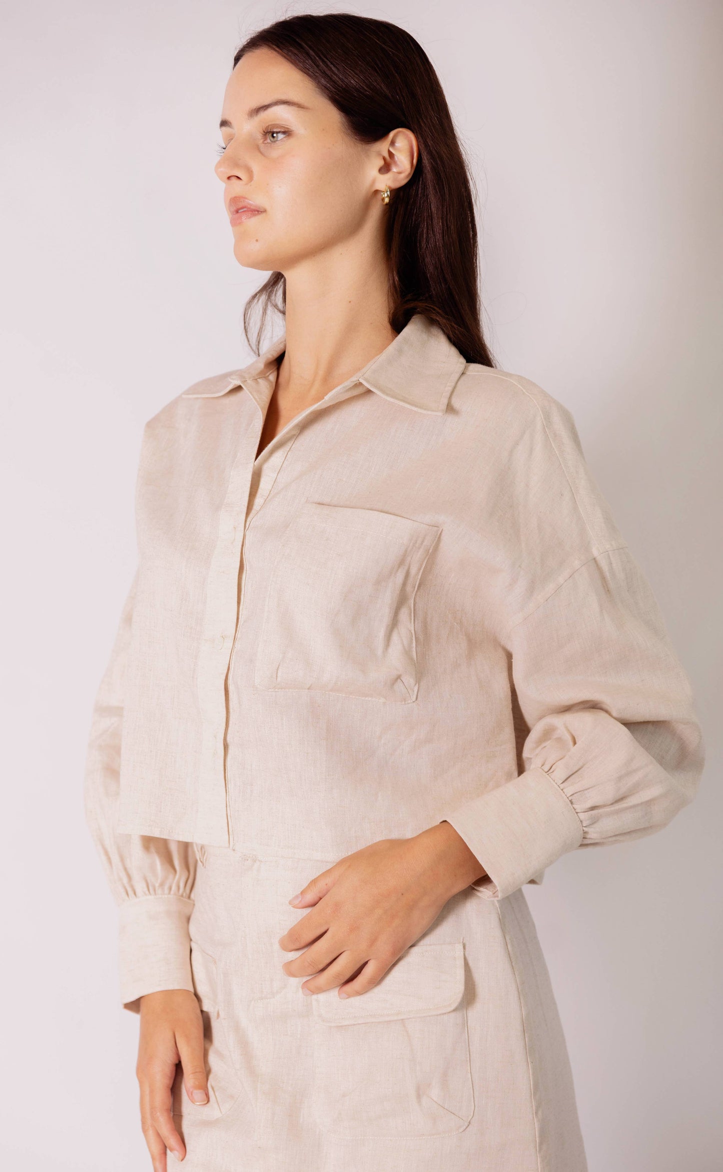 P.CILL 100% Linen Cropped Button Up Shirt