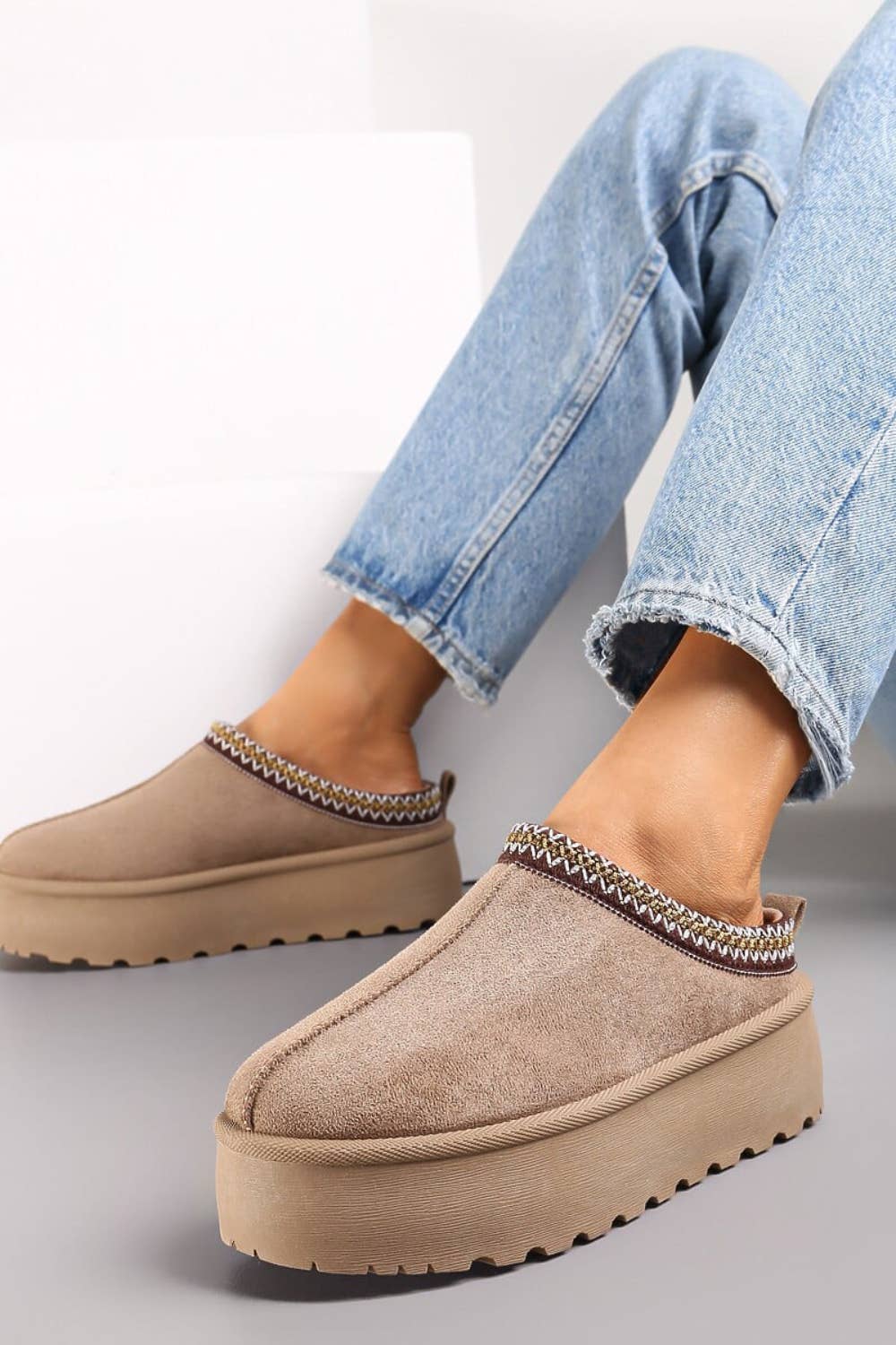 Women's Faux Fur Lined Slipper Platform Sliders Aztec Mules
