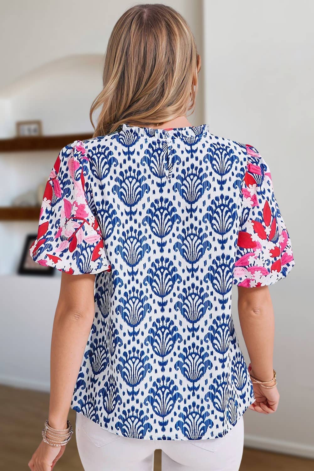 Western Fashion Print Puff Sleeve Frilled Neck Blouse | S-XL