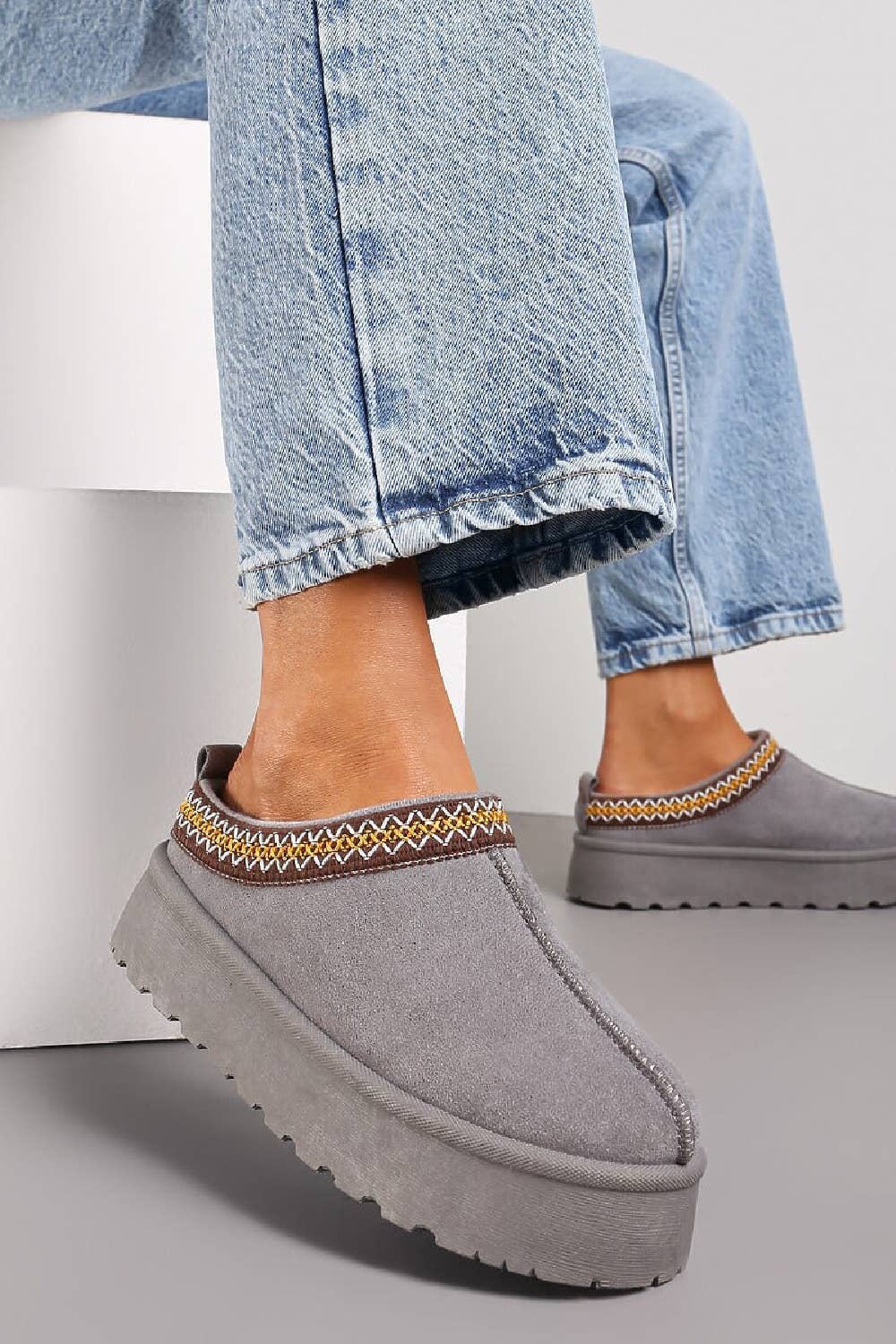 Women's Faux Fur Lined Slipper Platform Sliders Aztec Mules