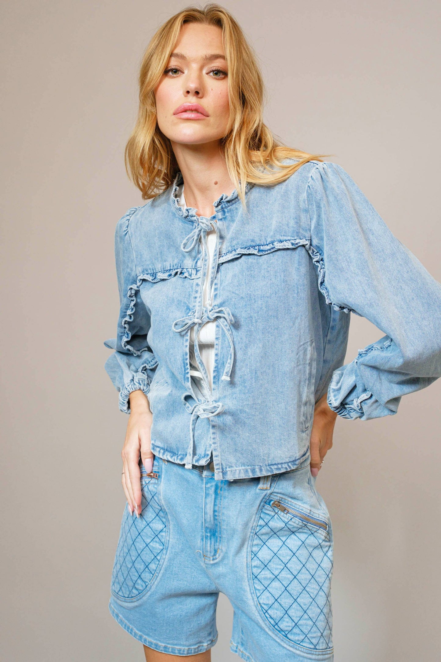 Ruffle Yoke Sleeve Tie Front Denim Jacket