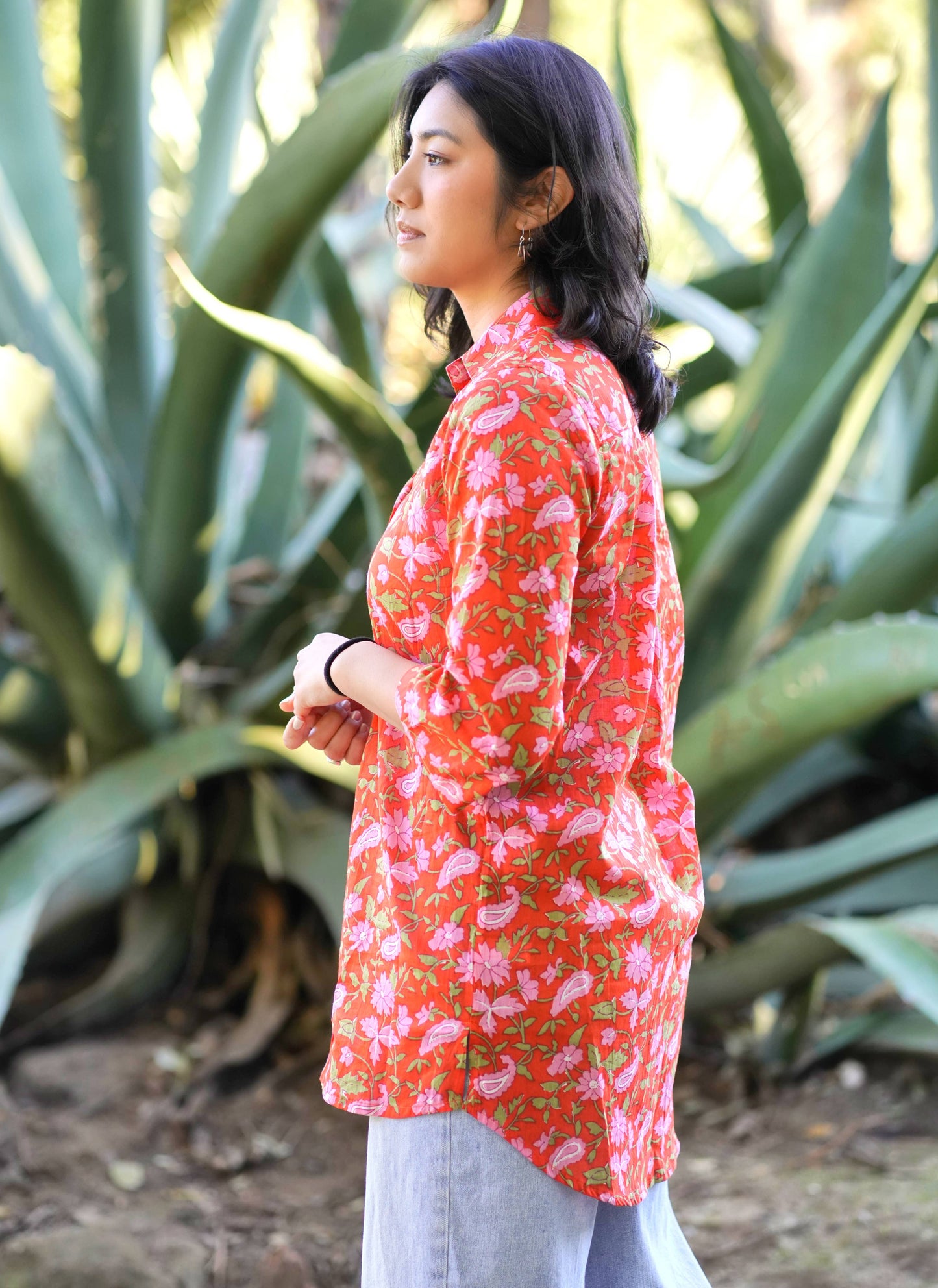 Nina Floral Button Down Shirt Coral