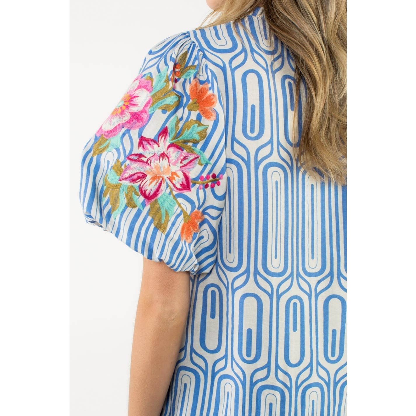 Flower Embroidered Puff Sleeve Print Top