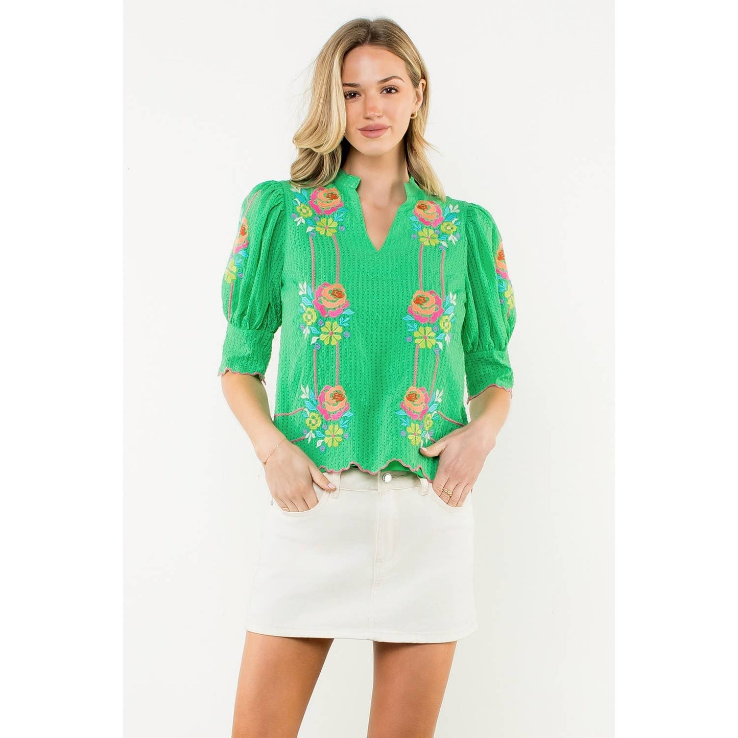 Embroidered Puff Sleeve V-Neck Top