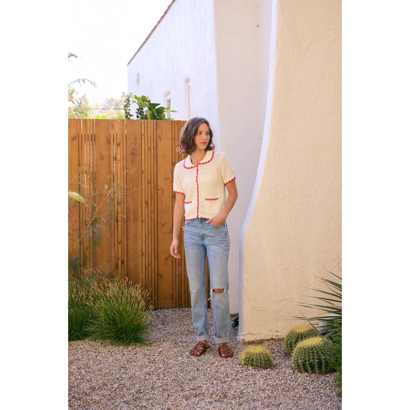 CONTRAST SCALLOP BUTTON-DOWN SWEATER CARDIGAN WITH POCKETS