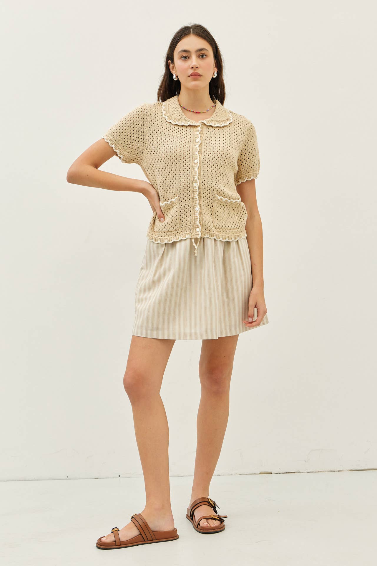CONTRAST SCALLOP BUTTON-DOWN SWEATER CARDIGAN WITH POCKETS