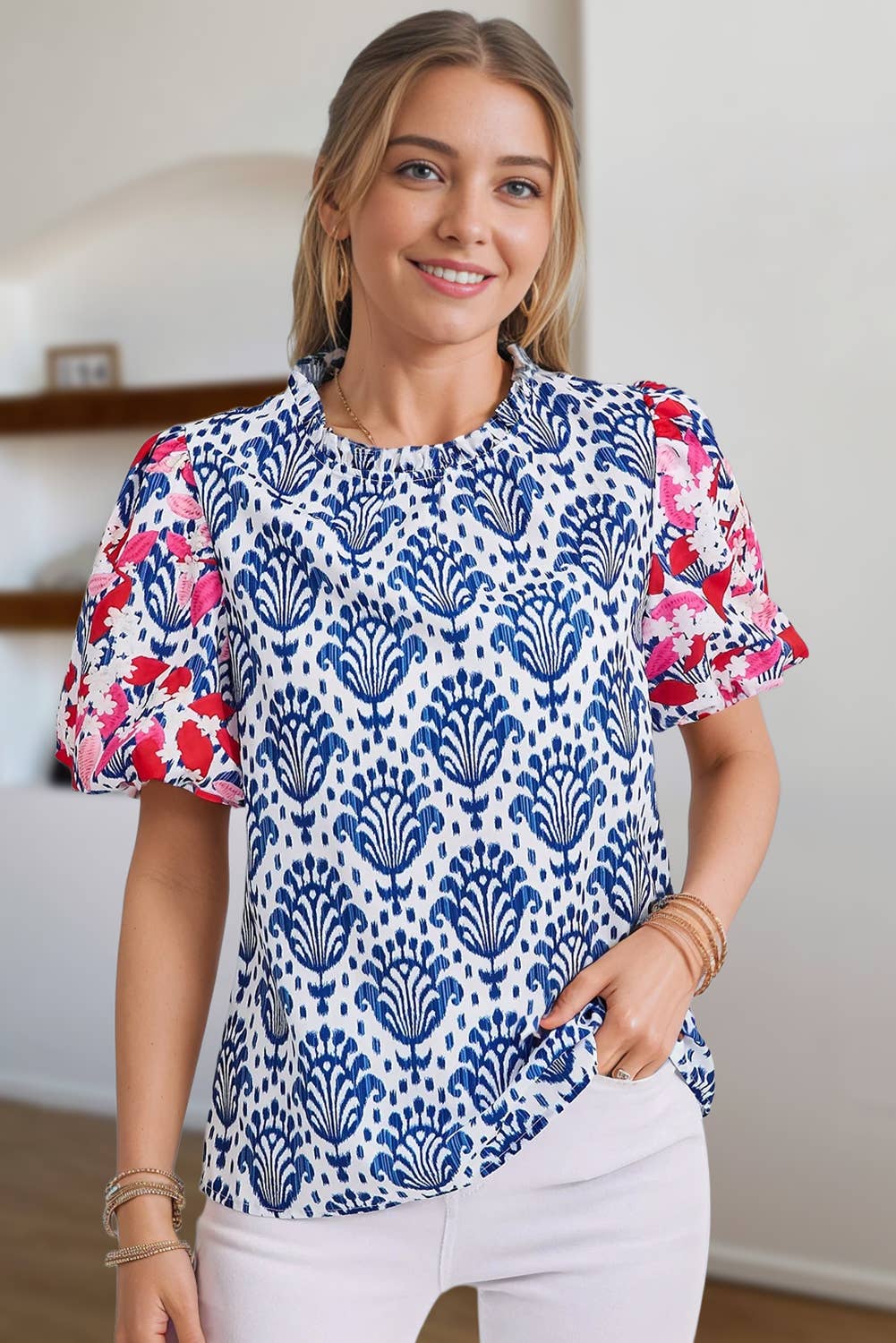 Western Fashion Print Puff Sleeve Frilled Neck Blouse | S-XL