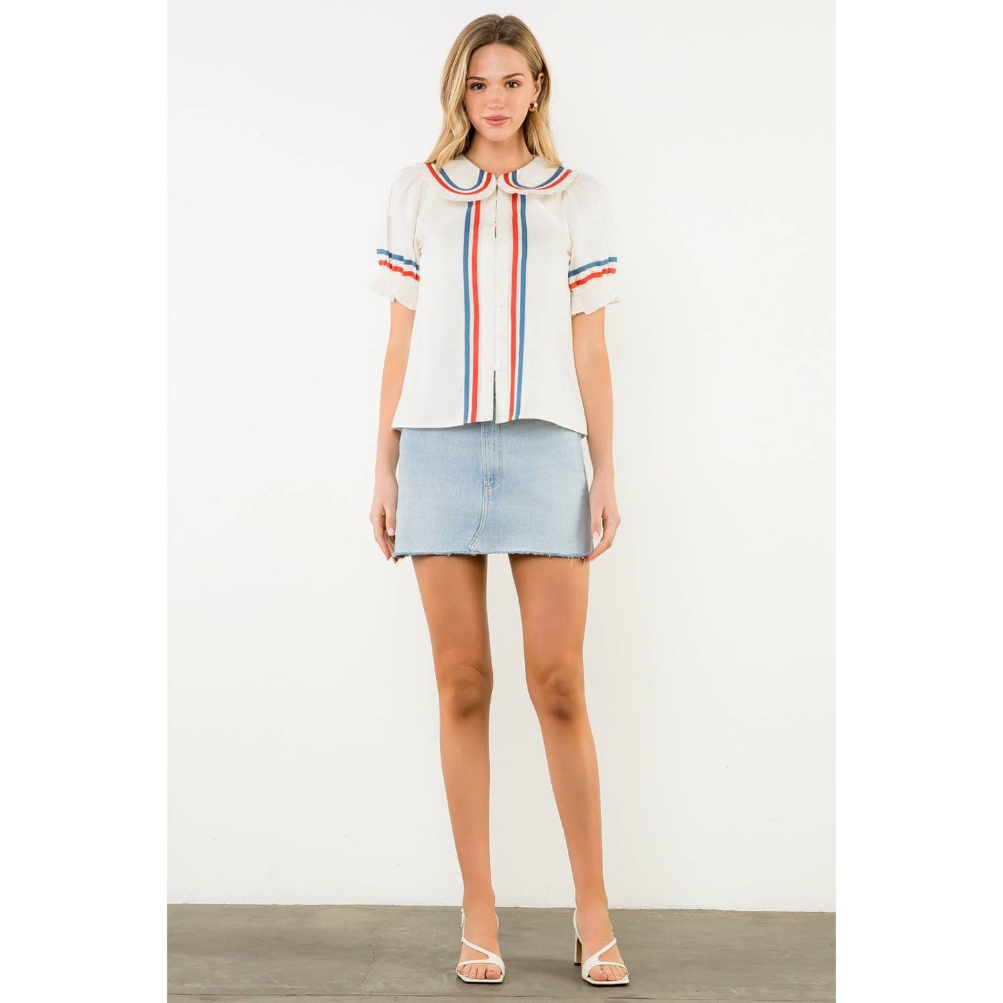 Striped Trim Puff Sleeve Button Top