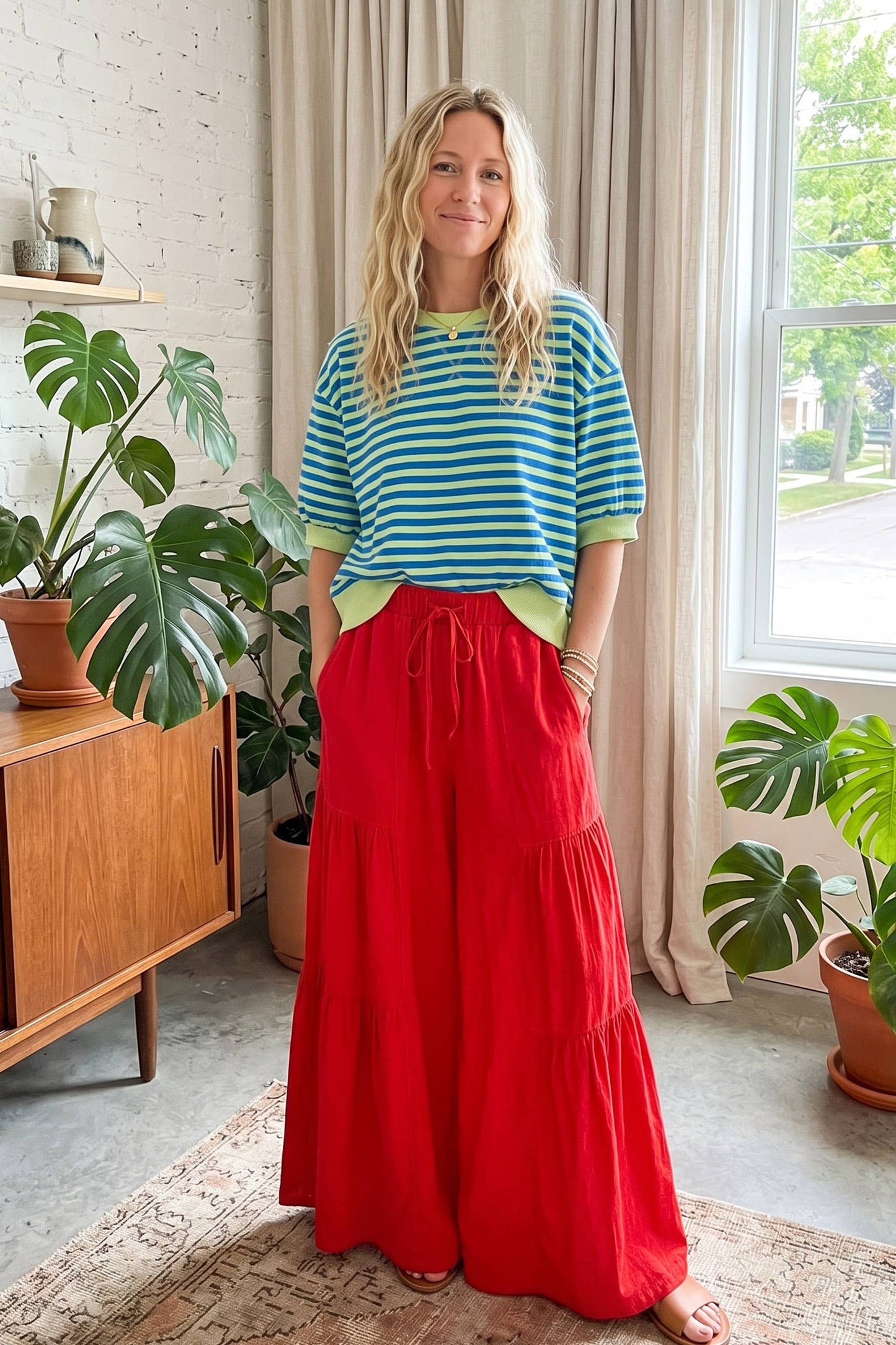 Linen Blend Tiered Wide Leg Palazzo Pants
