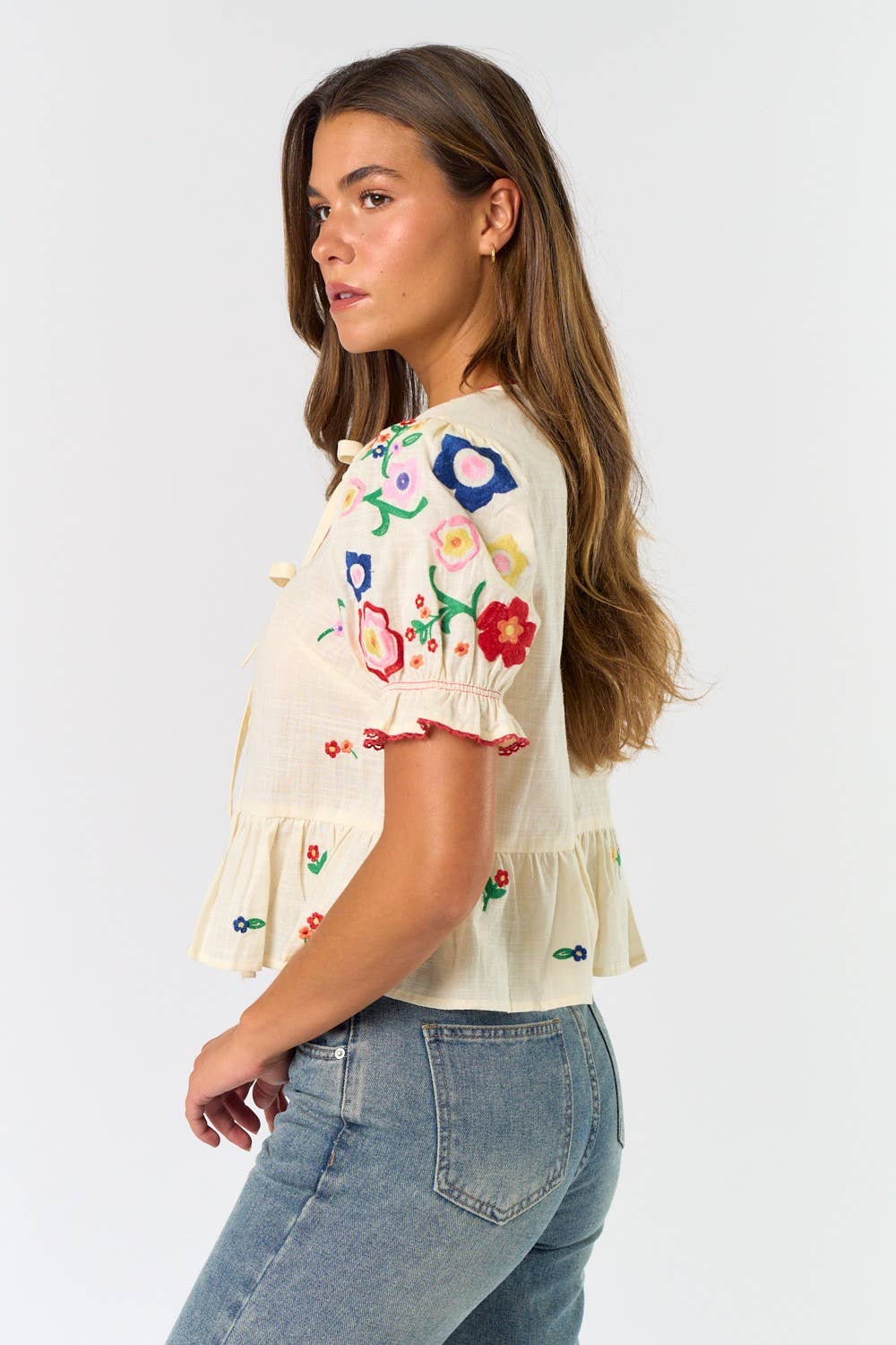 FRONT TIE COLORFUL EMBROIDERED SHORT SLEEVE TOP