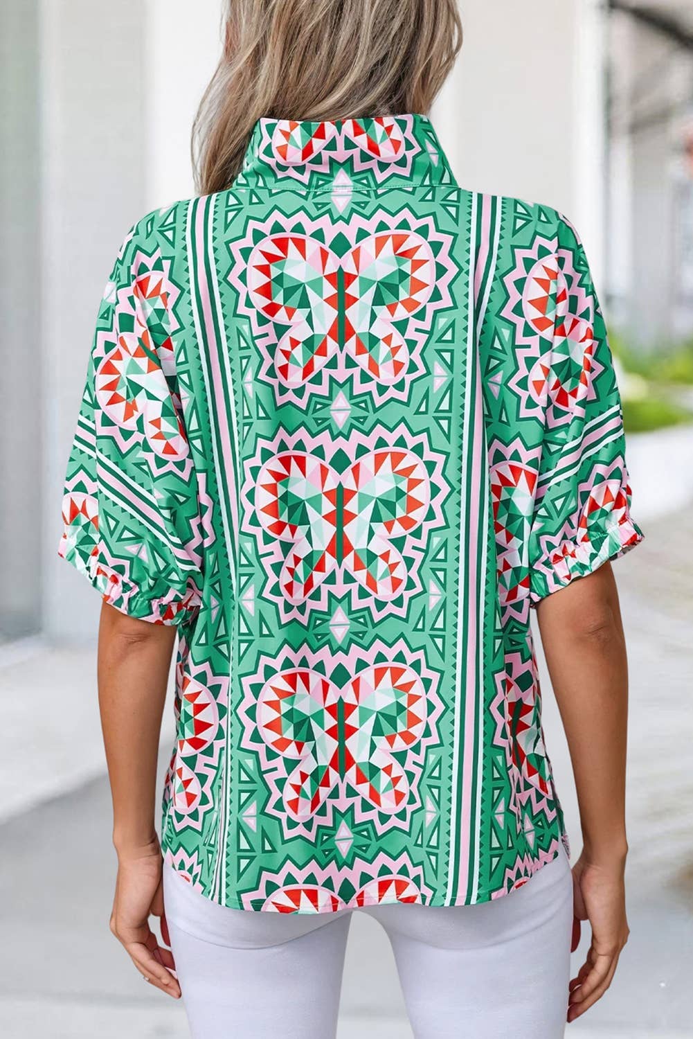 Geometric Butterfly Print Collared Blouse | S-XL