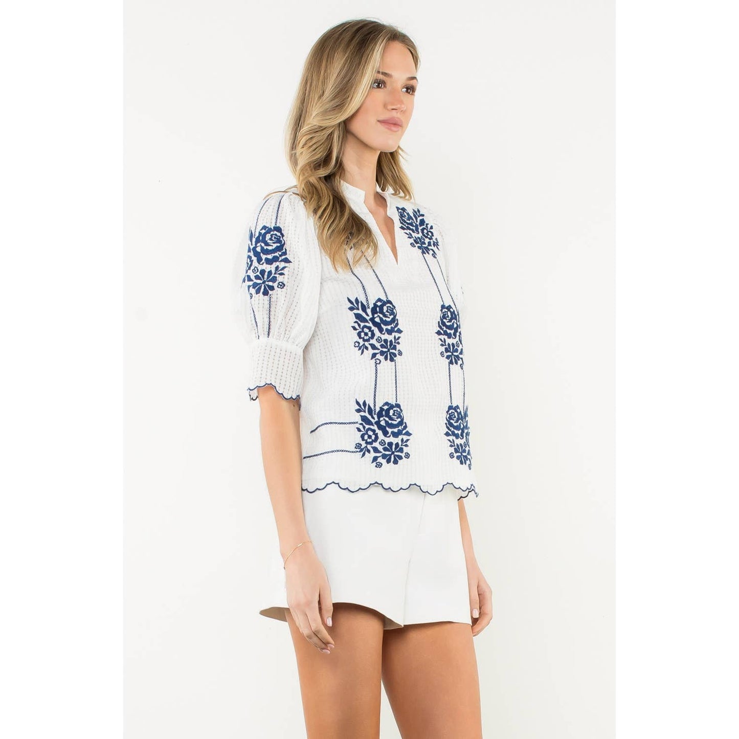 Embroidered Puff Sleeve V-Neck Top