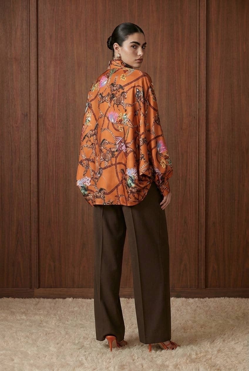 Draped Equestrian Motif Satin Blouse