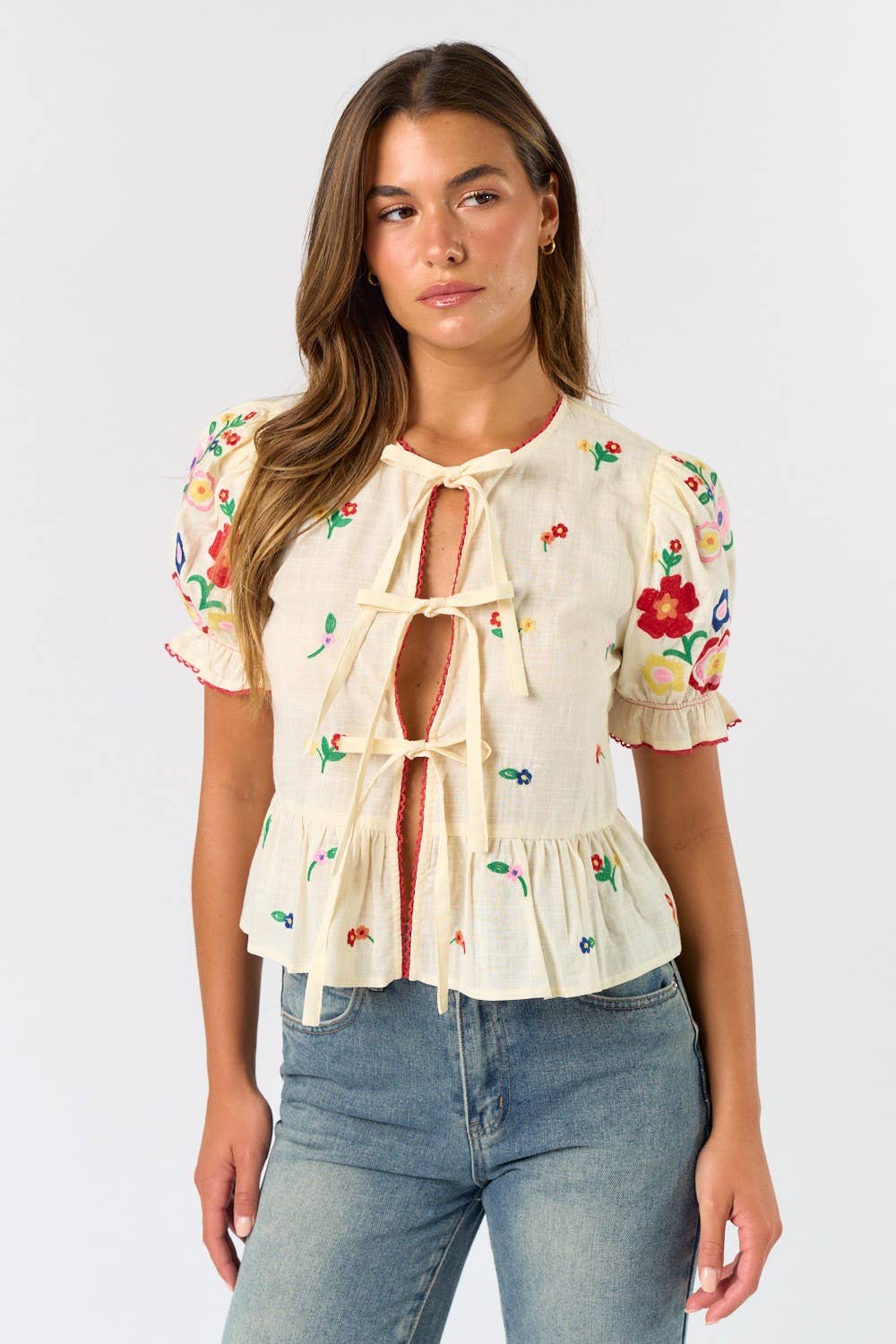 FRONT TIE COLORFUL EMBROIDERED SHORT SLEEVE TOP