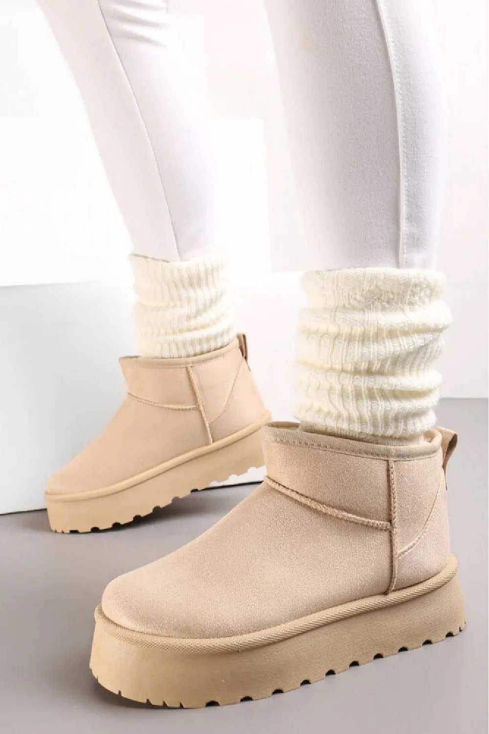 Cream Ultra Mini Platform Women Faux Fur Slip-On Ankle Boots