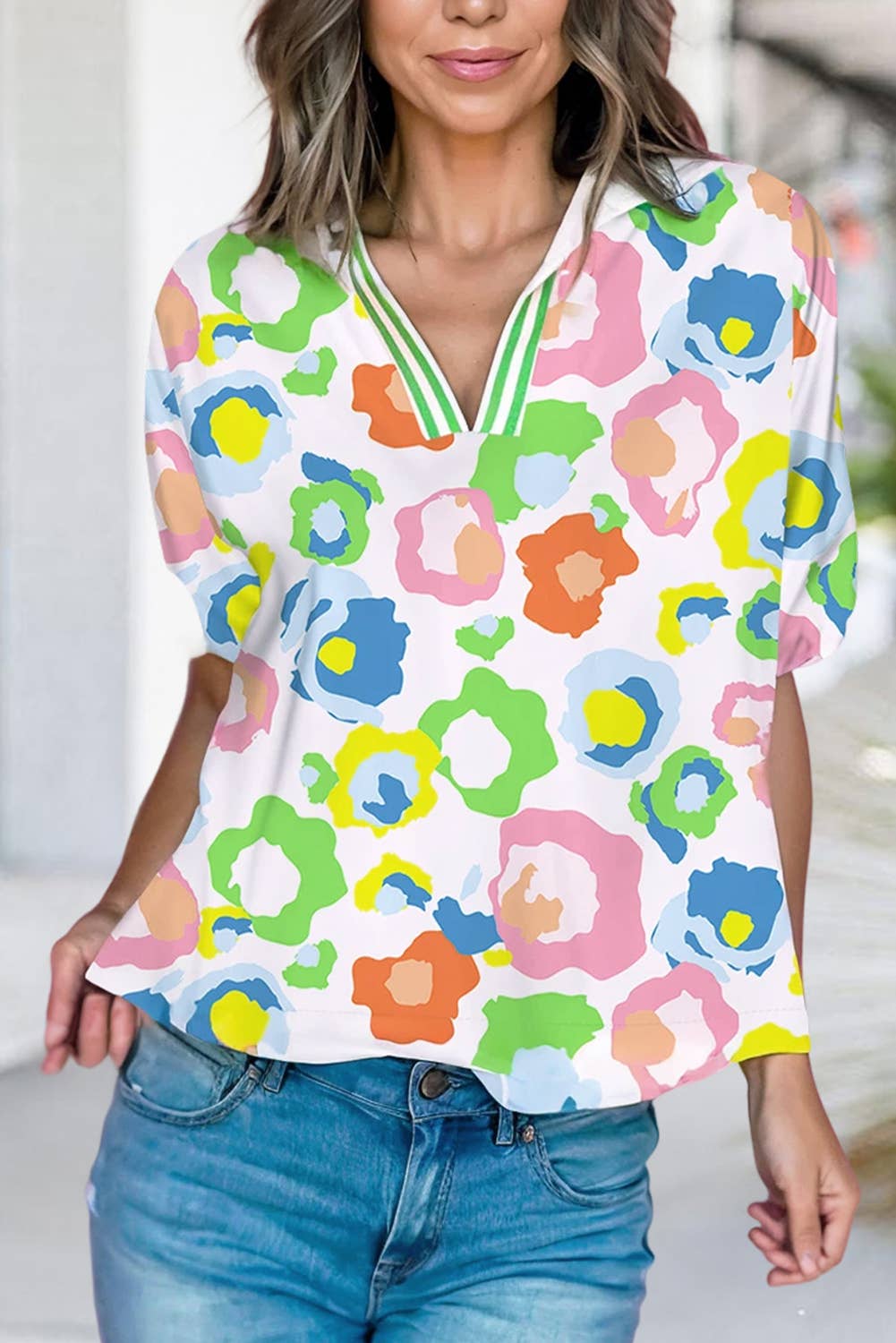 Leopard V-neck Short Sleeve Shift Blouse | S-XL