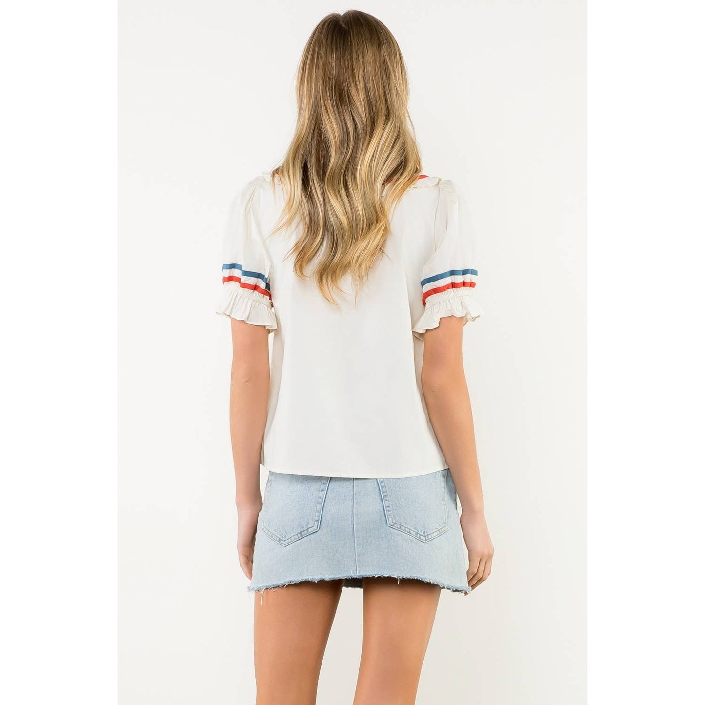 Striped Trim Puff Sleeve Button Top