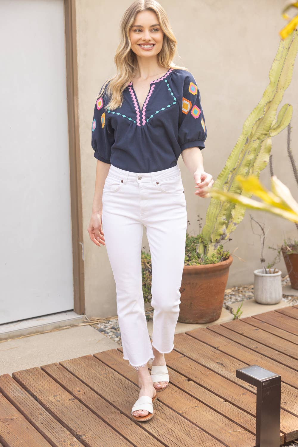 Geometric Embroidered Puff Sleeve with Zig Zag Trim To