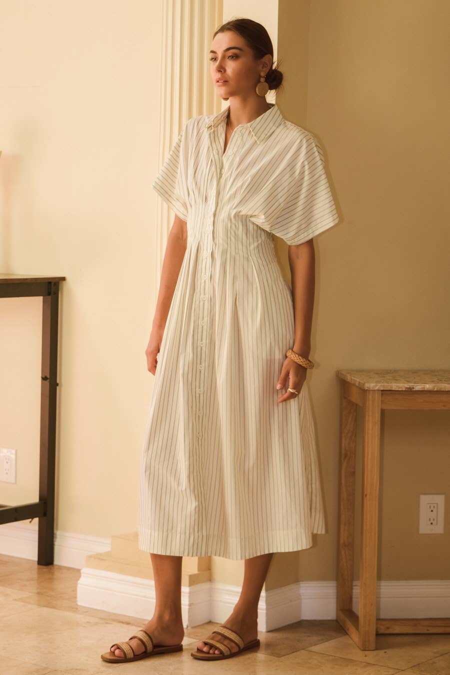 Pin Striped Cotton Poplin Midi Shirt Dress