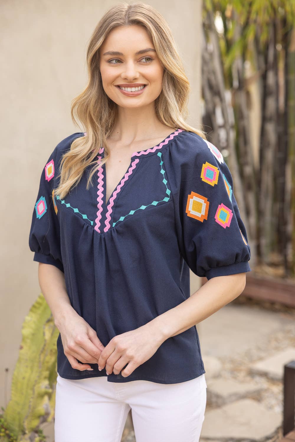 Geometric Embroidered Puff Sleeve with Zig Zag Trim To