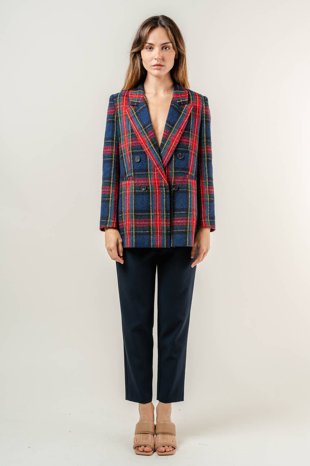 PREPPY HOLIDAY TWEED PADDED SHOULDER PLAID BLAZER-OI5782FO