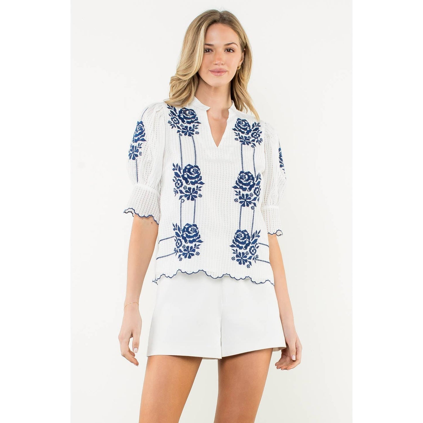 Embroidered Puff Sleeve V-Neck Top