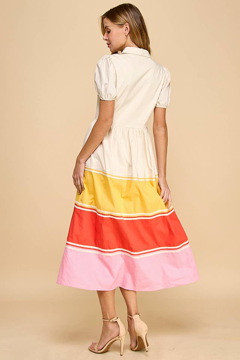 CD05299-Short Puff Sleeves Color Block Hem Button Up Dress