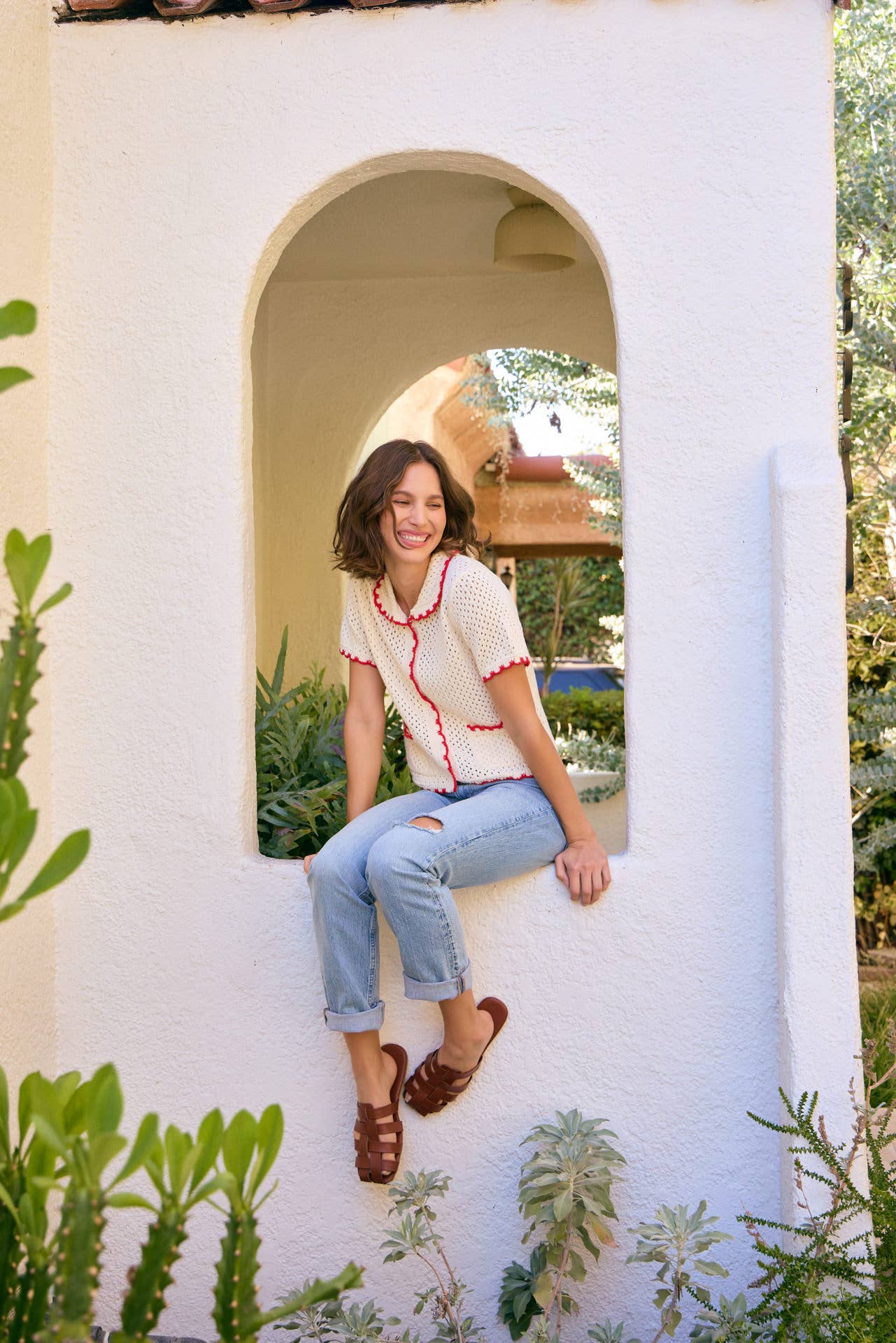 CONTRAST SCALLOP BUTTON-DOWN SWEATER CARDIGAN WITH POCKETS