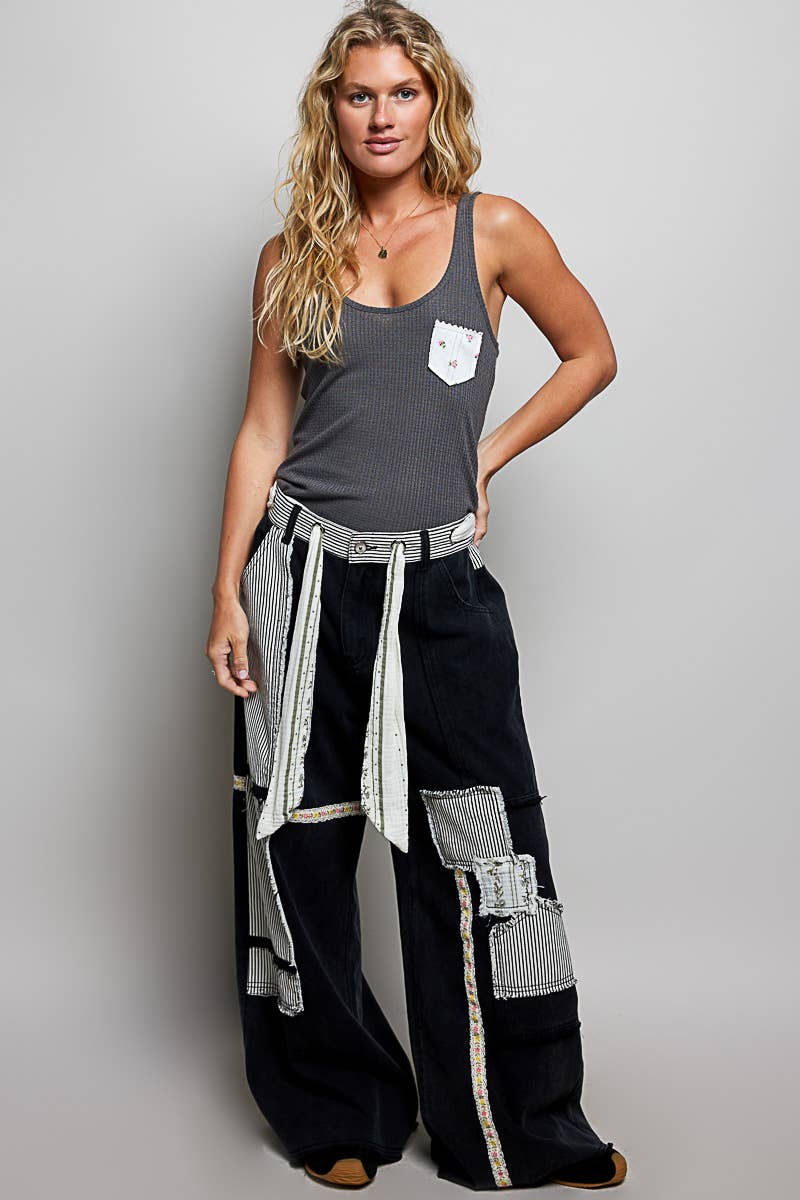 Stripe Patch High Rise Wide Leg Twill Pants