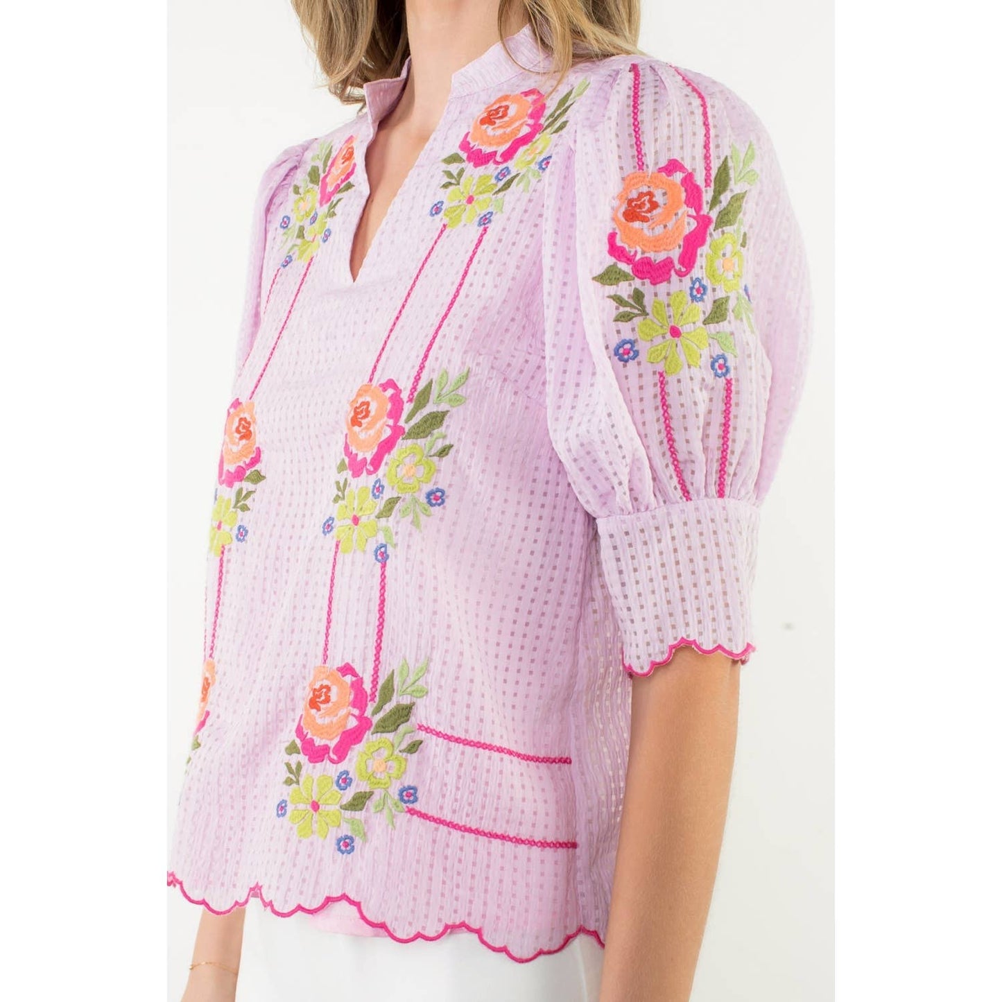Embroidered Puff Sleeve V-Neck Top