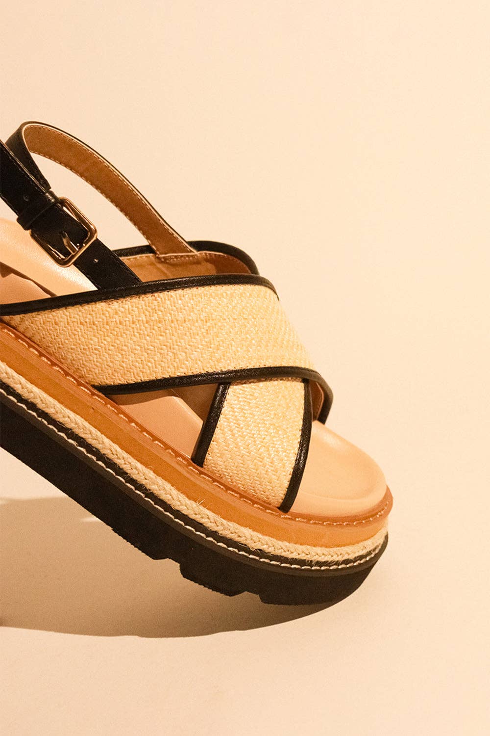ODI - Tropical Platform Sandals, Woven Straps, Stylish Black