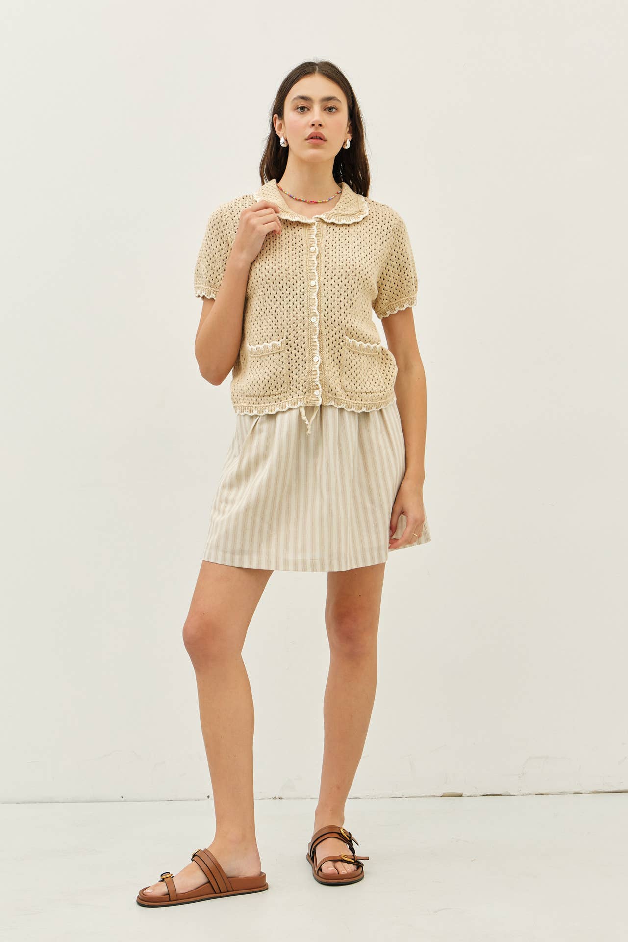 CONTRAST SCALLOP BUTTON-DOWN SWEATER CARDIGAN WITH POCKETS